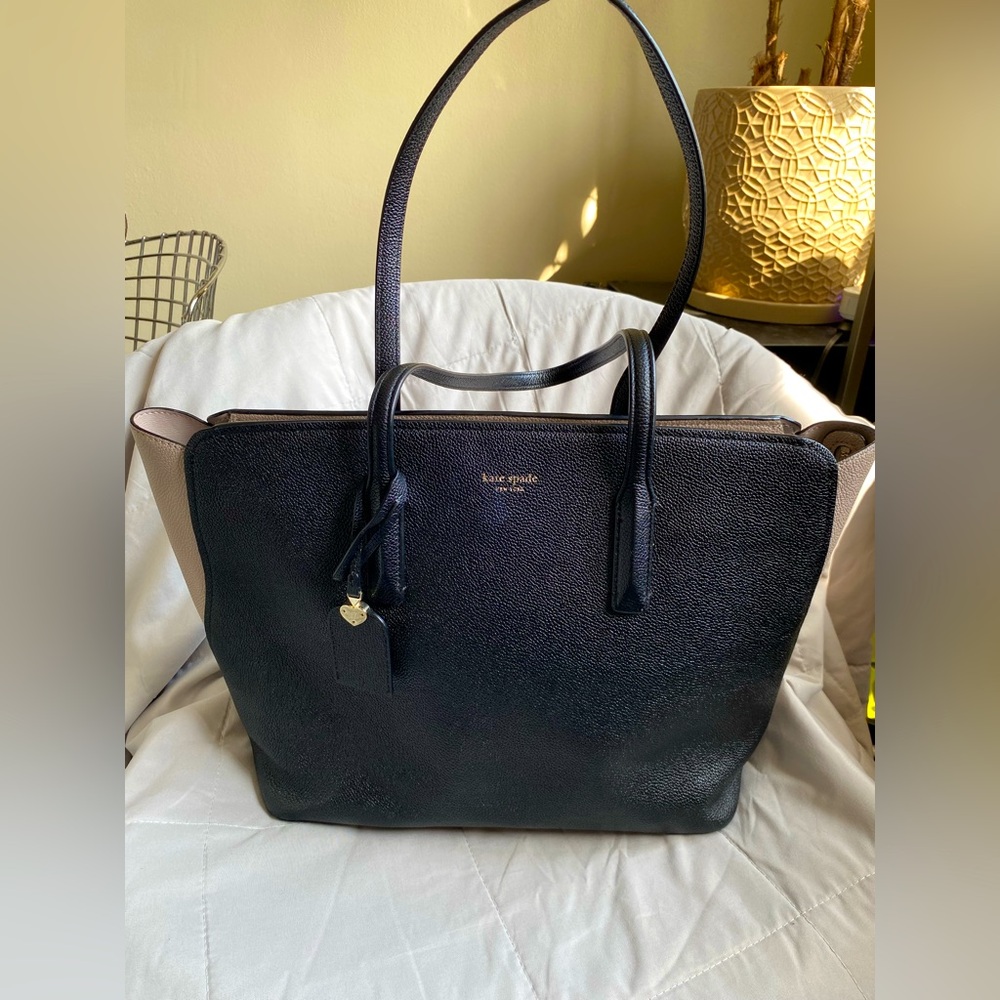 Kate Spade Black & Beige Leather Women's Shoulder Tote Bag